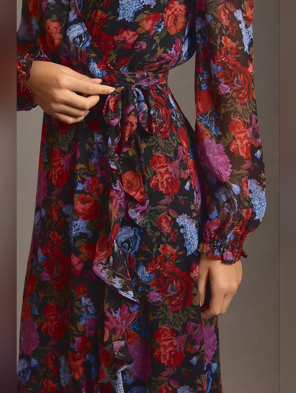 PAIGE Paulette Floral Long Sleeve  V-Neck Midi Wrap Dress - Black Red Pink Multi - Picture 7 of 16